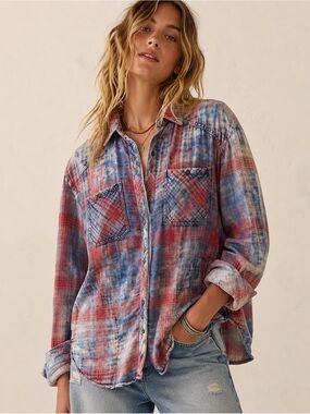 Free People Washed Plaid Gauze Button Up Shirt Pockets Boho Oversized Cotton